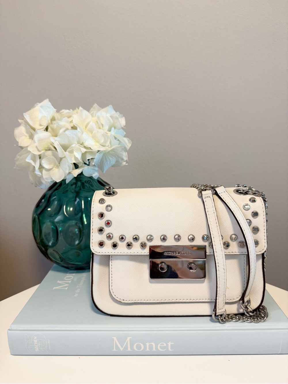 Michael Kors White Stud-Trim Leather Crossbody Bag by